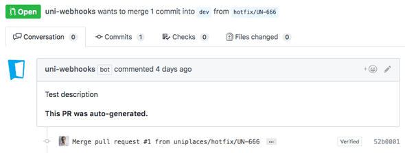 Example of a PR (hotfix => development) auto-generated by our Github bot